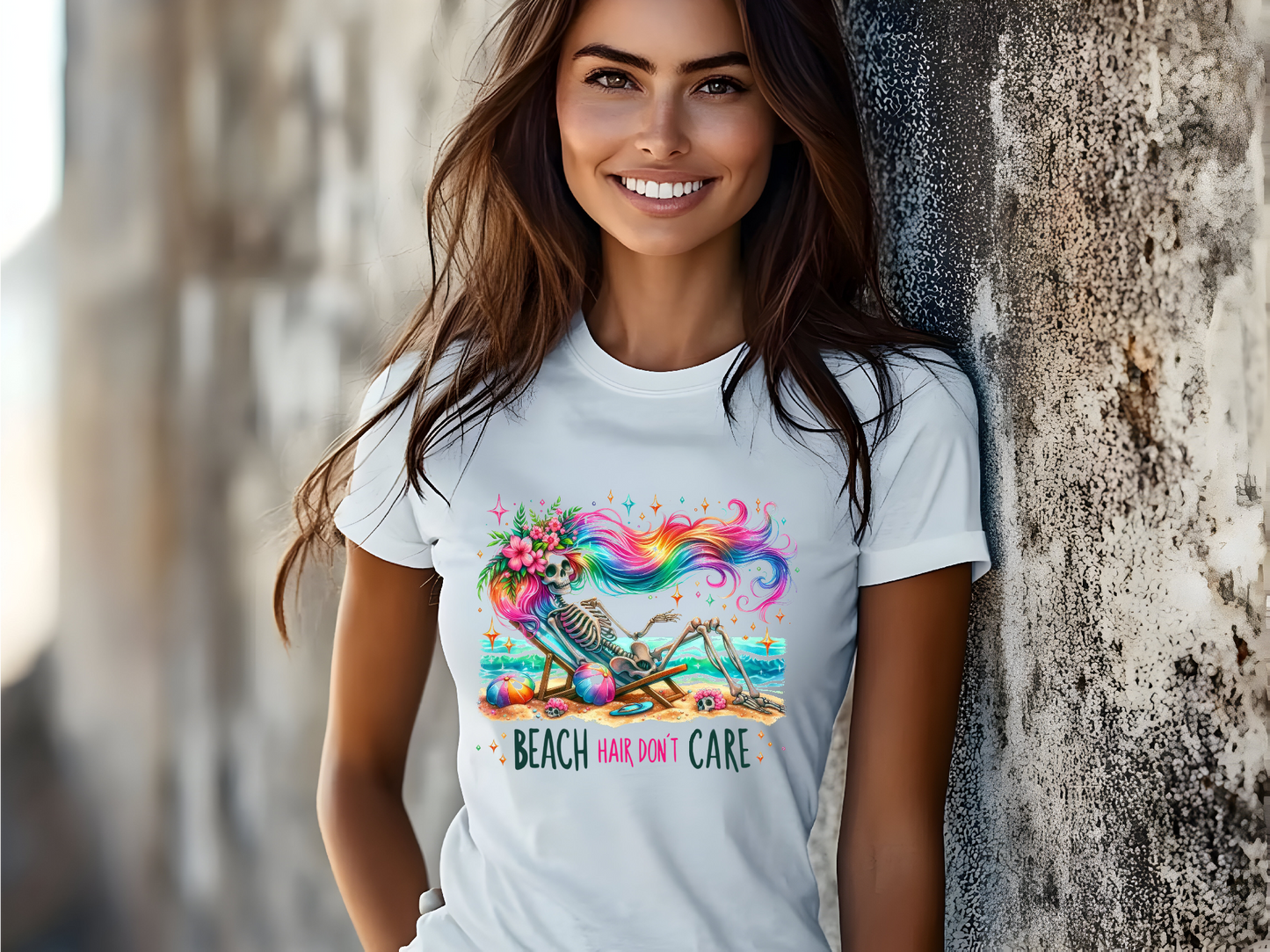 Rainbow Skeleton Beach Hair Don't Care Shirt
